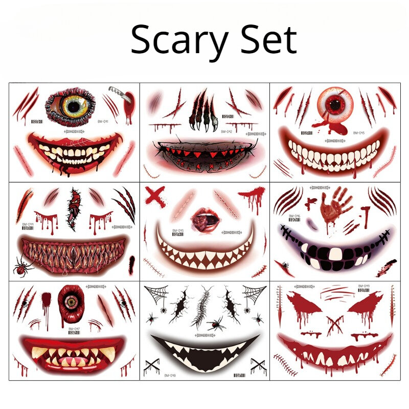18 Styles Halloween Horror Big Mouth Face Sticker Funny Spooky Makeup Party Waterproof Tattoo Sticker Cosplay Accessories
