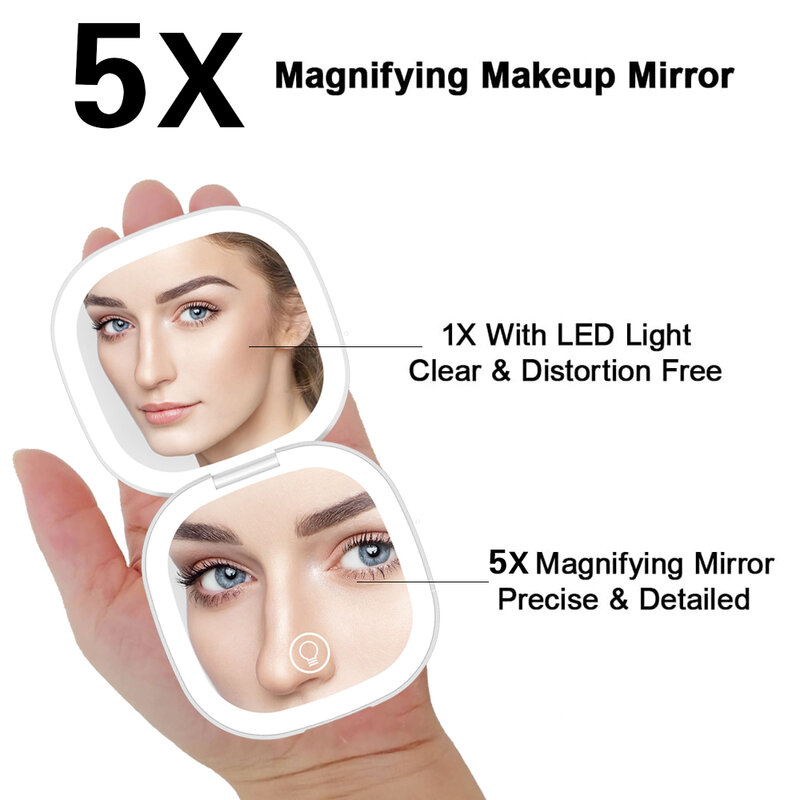 Компактное компактное зеркало для макияжа со светодиодной подсветкой, увеличение 5X, маленькие карманные портативные дорожные розовые черные складные косметические зеркала для туалетного столика
