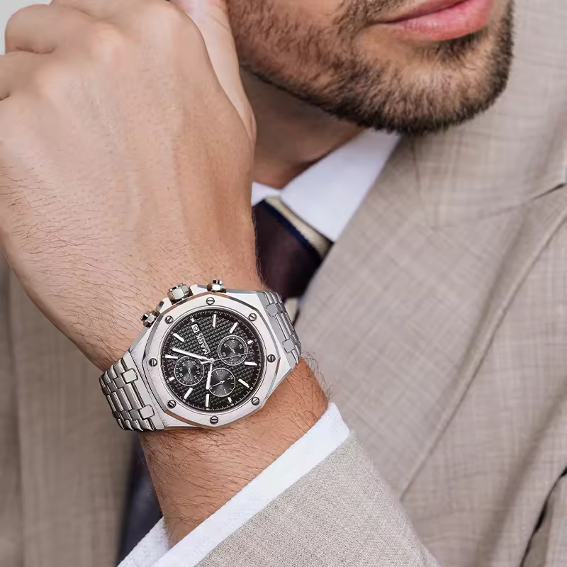 男性のためのホエールのクォーツ腕時計、高級クロノグラフ、octagon、ステンレス鋼、防水、発光、ビジネス、男性