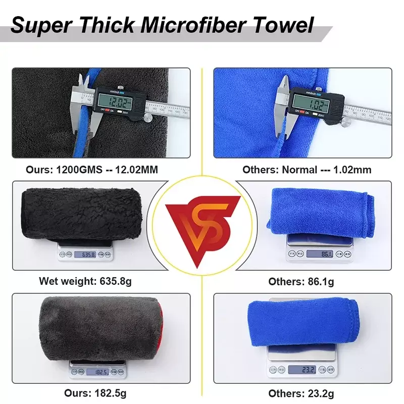 Toalha de microfibra grossa para lavagem de carro, 1200GSM, Limpeza, Pano de secagem, Lavagem, Cozinha, e Tata