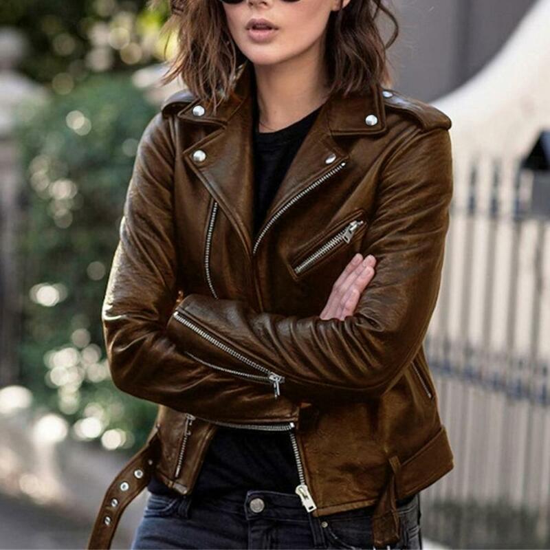 Jaqueta de motociclista de couro falso para senhoras, jaqueta curta, fina, monocromática, feminina, legal, feminina, outono