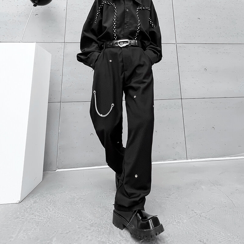 NOYMEI-Calça masculina preta com corrente de metal, calça casual solta, cintura alta, monocromática, temperamento, novo, WA5409, primavera, verão