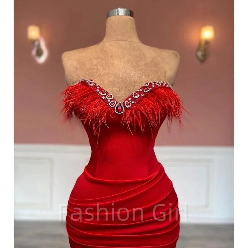 Elegant Red Sweetheart Strapless Mermaid Feathers Satin Floor Length Formal Occasion Evening Party Gowns Robe فساتين السهرة