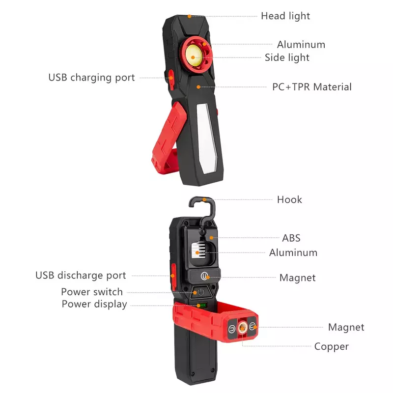 Przenośne ładowanie USB z magnetyczną kolbą lampa do pracy latarka światło inspekcyjne poręczna latarka z turystyczna latarnia zewnętrzna haka
