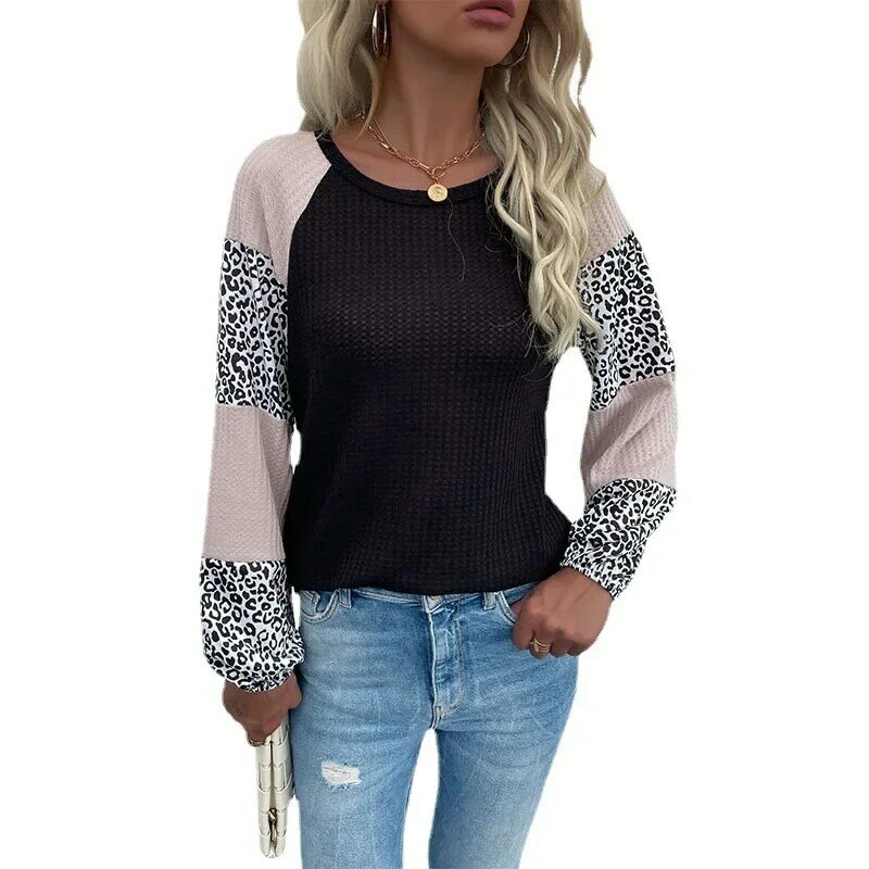 A Leopard Print Patchwork O-Neck Vintage Knitted Sweater Women Long Sleeve Y2k Top Female Casual Harajuku Pullover Clothes