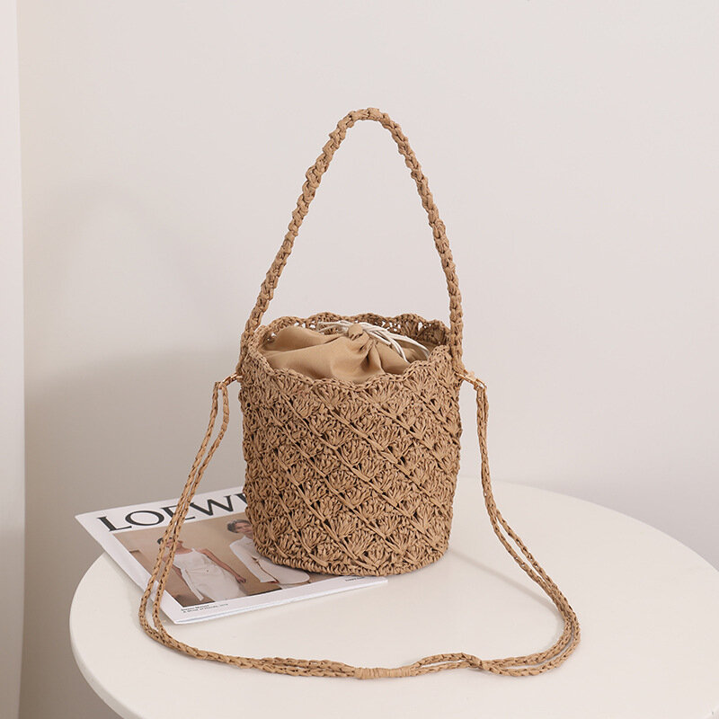 Плетеная женская сумка на плечо ручной работы, богемные сумки через плечо с кисточками, Вязаная летняя Соломенная пляжная сумка-ведро, женские сумки