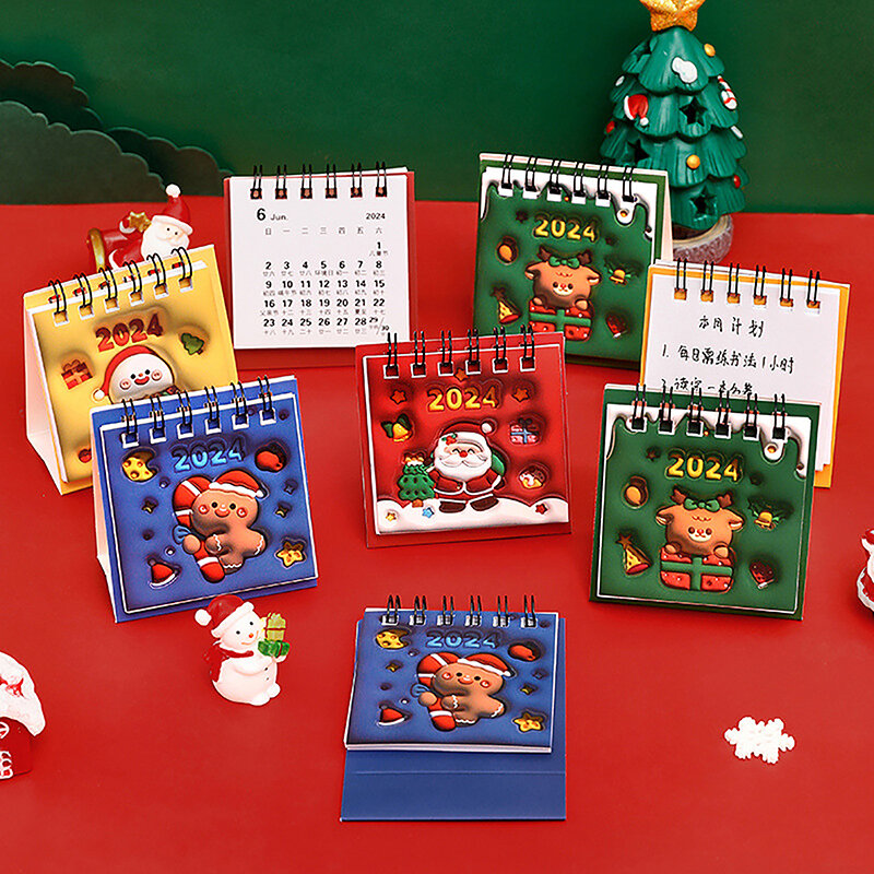 2024 Kawaii boże narodzenie kalendarz biurkowy Cute Cartoon Mini Desktop codzienny program planer notatnik kalendarz materiały biurowe
