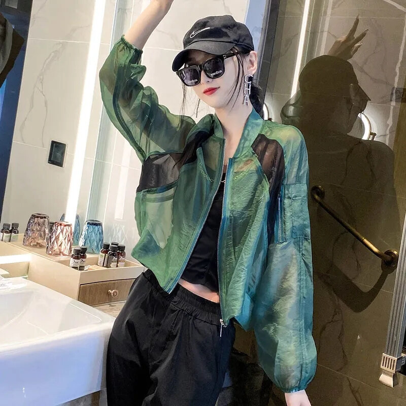 Jaqueta leve de beisebol feminina, proteção solar, tops de manga comprida, casacos casuais, moda coreana, verão, nova, 2024