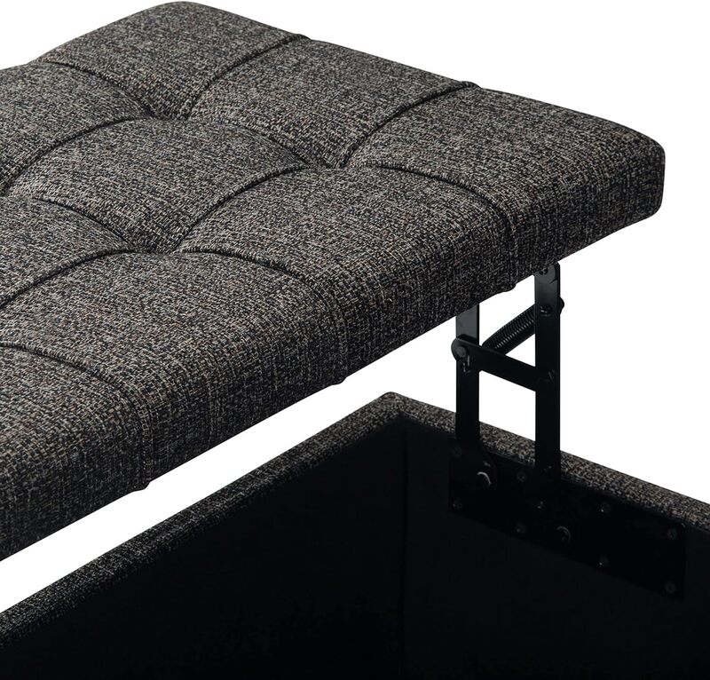 36-inch wide square coffee table lift top storage stool with upholstered ebony tufted tweed fabric for living room