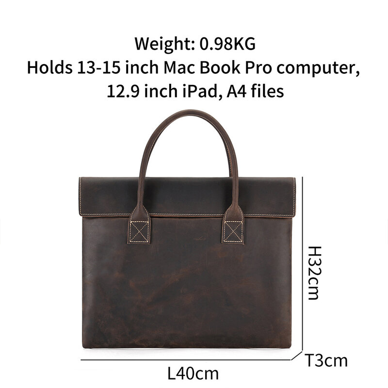 Crazy Horse Leather Men Briefcase Vintage Male Portfolio Laptop Office Business Work Bag Minimalist Handbag Tote New