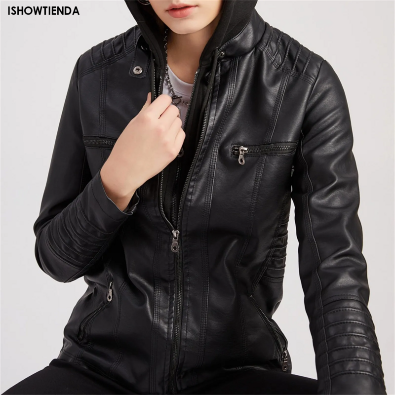 Jaqueta de couro PU masculina e feminina, moda casual, gola de carrinho, fina, cor sólida, anti-vento, motocicleta, outono, nova
