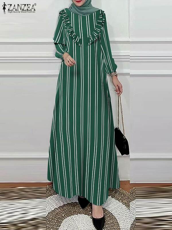2024 ZANZEA Fashion Women Abaya Dubai Turkey Muslim Dress Spring Vintage Striped Ruffles Sundress Long Sleeve Vestido Robe Femme
