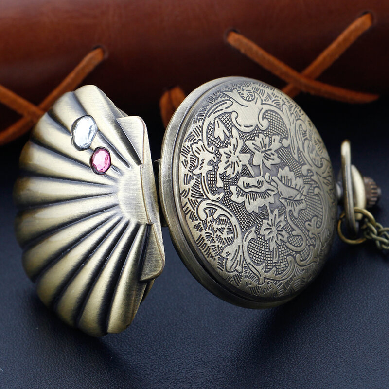 Unique Exquisite Shell Gem Sculpted Quartz Pocket Watch Steampunk Vintage Necklace Pendant Fob Chain Clock Lady Children's Gift