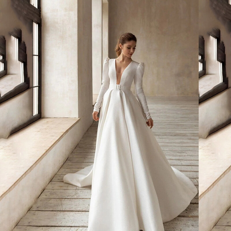 Modest Deep V-neck Satin Shiny Long Sleeve Wedding Dress for Women Belt A-line Court Wedding Party Gown vestido noiva