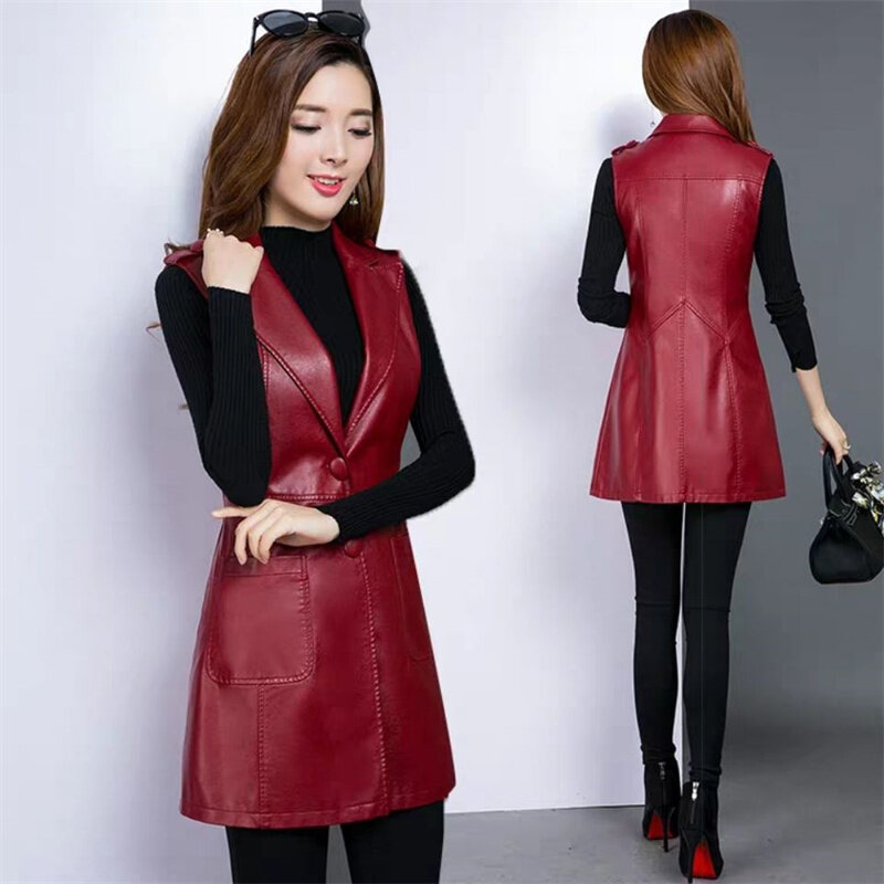 Musim Semi Musim Gugur 2023 Perempuan Baru Korea Rompi Kulit Mantel Kulit Imitasi Jaket Ramping Wanita Panjang Menengah PU Rompi Kulit Prisa