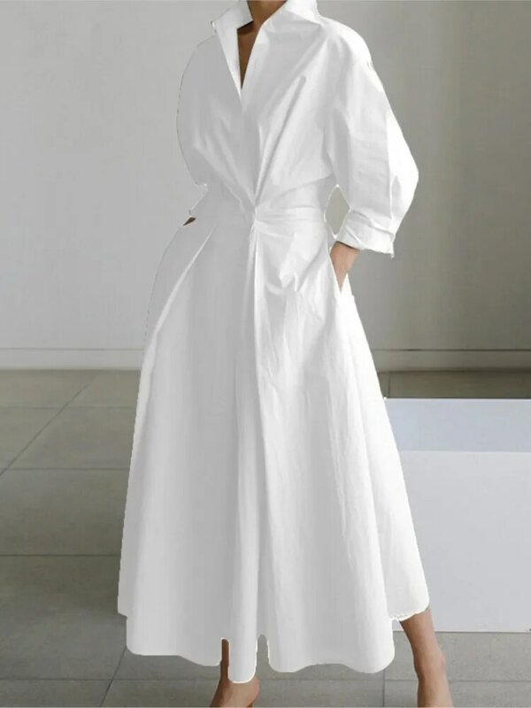 Gaun Maxi elegan untuk wanita, jubah pesta cetakan titik lengan panjang musim gugur 2023 warna putih kasual leher V untuk perempuan