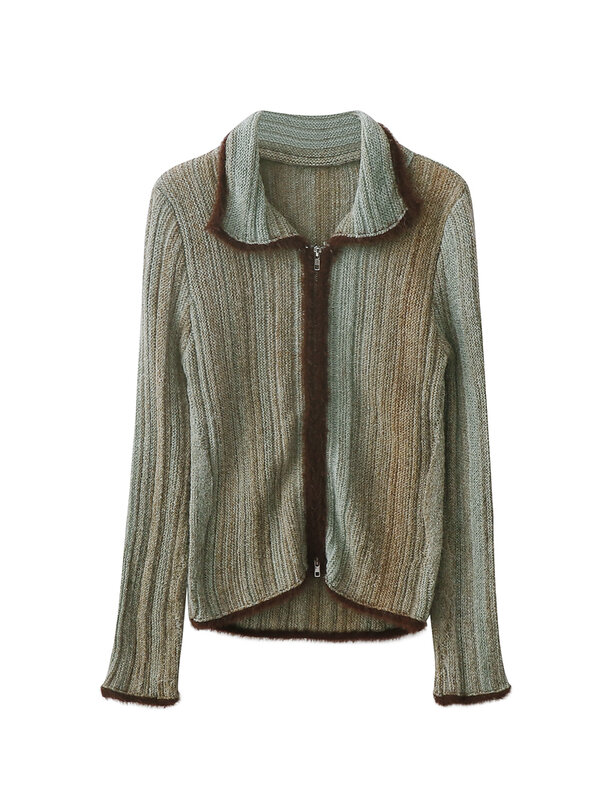 Suéteres de veludo de vison imitação feminino, cardigã retrô americano, lapela emendada, cor bloqueada, jaqueta de malha, primavera e outono