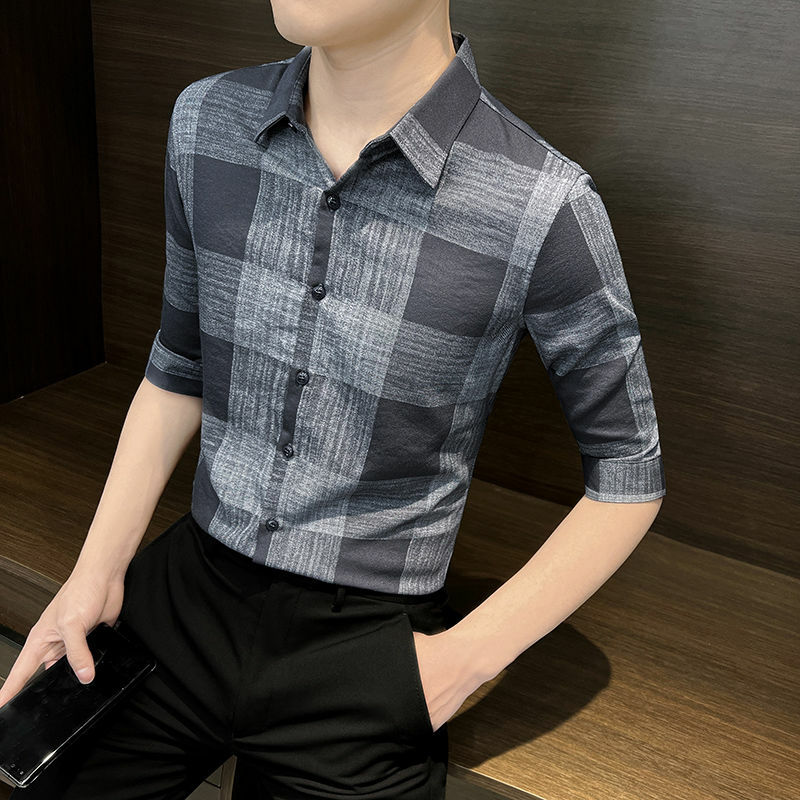 Summer Thin Handsome Mid Sleeve Casual Plaid Shirt Men's Pointed Collar Button Patchwork Slim Fashion Versatile Long Sleeved Top
