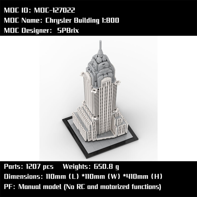 Chrysler Building Blocks Brinquedos para crianças, MOC-127022, desenho eletrônico, presentes DIY, 1:800, 1207pcs