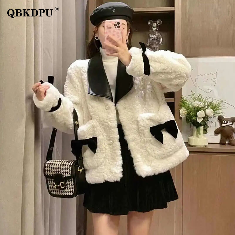 Kawaii Faux Rabbit Fur krótka bluza damska koreańska modna kokardka klapa pikowana bawełniana kurtka zimowa gruba elegancka polarowa odzież wierzchnia