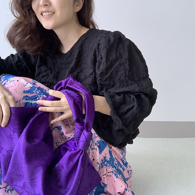 Шикарная Осенняя Минималистичная шифоновая рубашка в Корейском стиле с круглым вырезом и свободным плиссированным дизайном, хлопковая рубашка из пузырьков с длинными рукавами, Топ