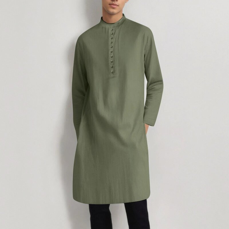 Jubah Muslim pria musim panas jubah Islam Dubai Timur Tengah jubah warna Solid lengan panjang leher V desain kancing jubah doa pria panjang