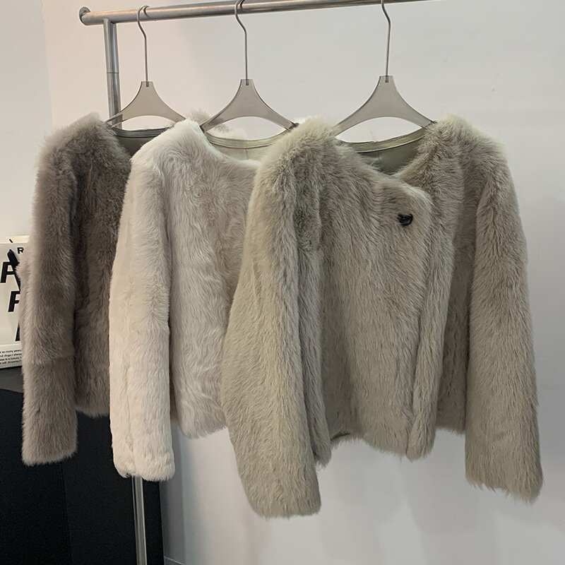 Feminino Lambswool True Wool Fur Coat, Parágrafo curto, Novo