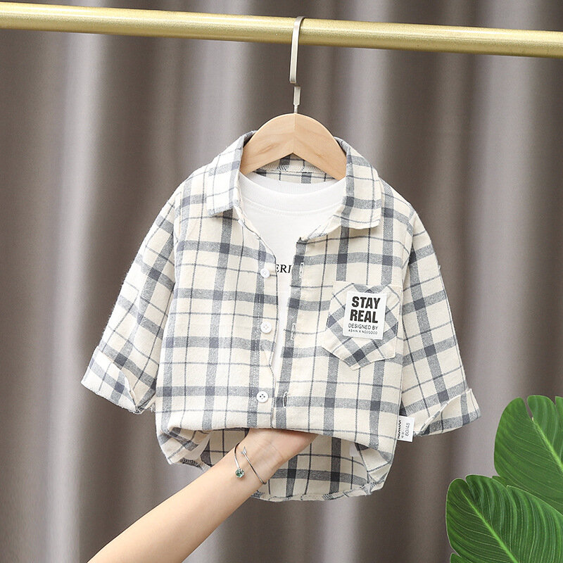 Ienens crianças camisa roupas primavera blusas finas roupas infantil menino xadrez algodão tops 1 2 3 4 anos crianças manga longa camisa