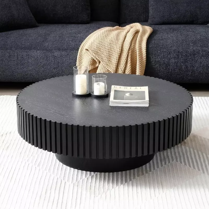 Round Coffee Table, Wood End Tables for Living Room, Modern Circle Fluted Drum Side Tables, Easy Assembly, Coffee Table