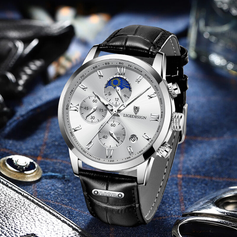 LIGE-Montre à quartz chronographe en cuir pour homme, montres étanches pour homme, horloge de sport décontractée, marque supérieure, luxe, boîte