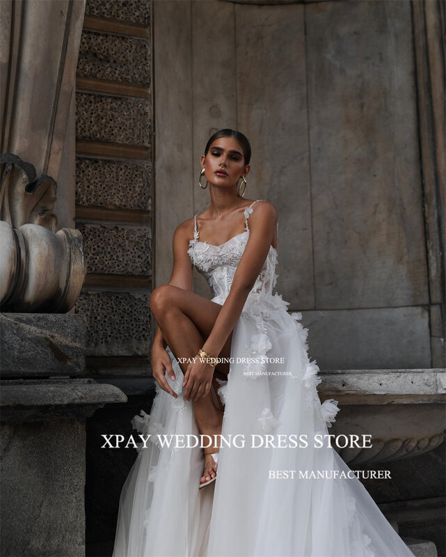 Xpay-sSweettheartスパゲッティストラップ付きウェディングドレス、3Dレースアップリケ、ノースリーブブライダルガウン、背中の開いたドレープ、高級花嫁ドレス、2024