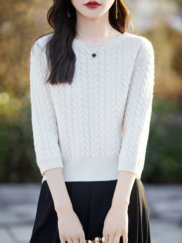 Aliselect Women Sweater Spring Autumn O-Neck Half Sleeve Pullover 100% Merino Wool Twist Flower Cashmere Knitwear Korean Fashion