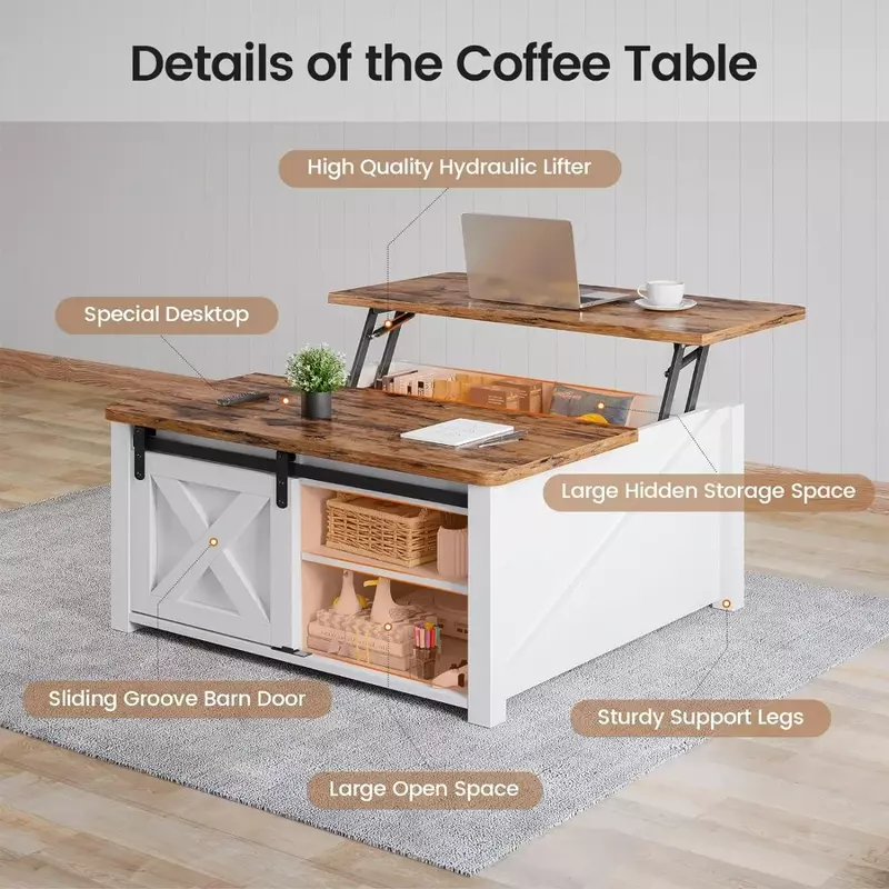 31.5 인치 리프트 탑 커피 테이블, 보관함 포함, 거실용 사각형 커피 테이블, 농가 커피 테이블