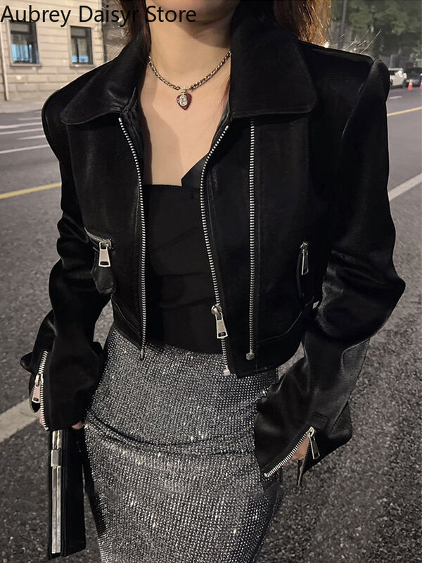 Jaqueta de couro preta feminina, casaco de motociclista, zíper, irregular, peles artificiais aviador, punk, inverno, streetwear, novo