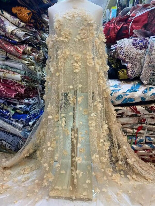 NigWin-Tissu de dentelle perlée avec fleur, tissu de tulle brodé 3D, tissu africain pour robes de soirée de mariage, jaune, 5 mètres