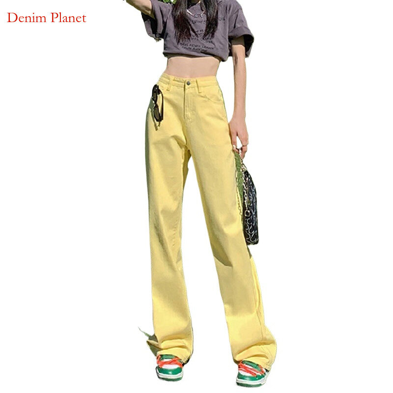 Calça jeans planeta dopamina de perna larga feminina, de cintura alta, solta, reta, colorida, casual, moda, primavera e outono