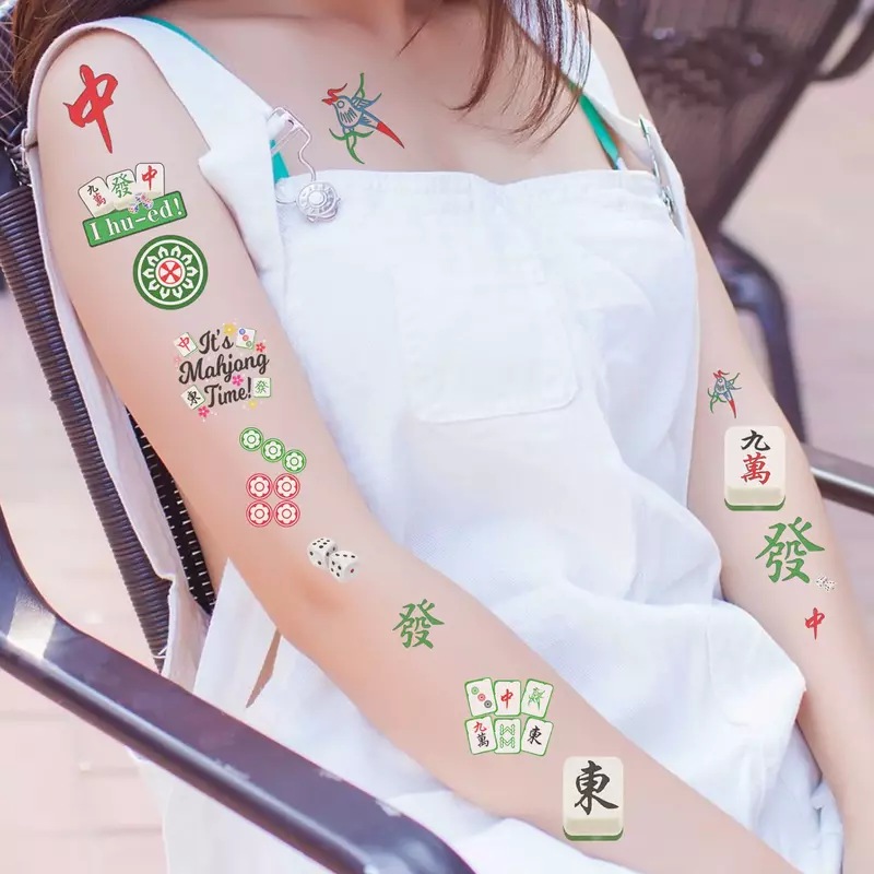 Mahjong tatuagem temporária adesivos, adesivo impermeável, 1 folhas