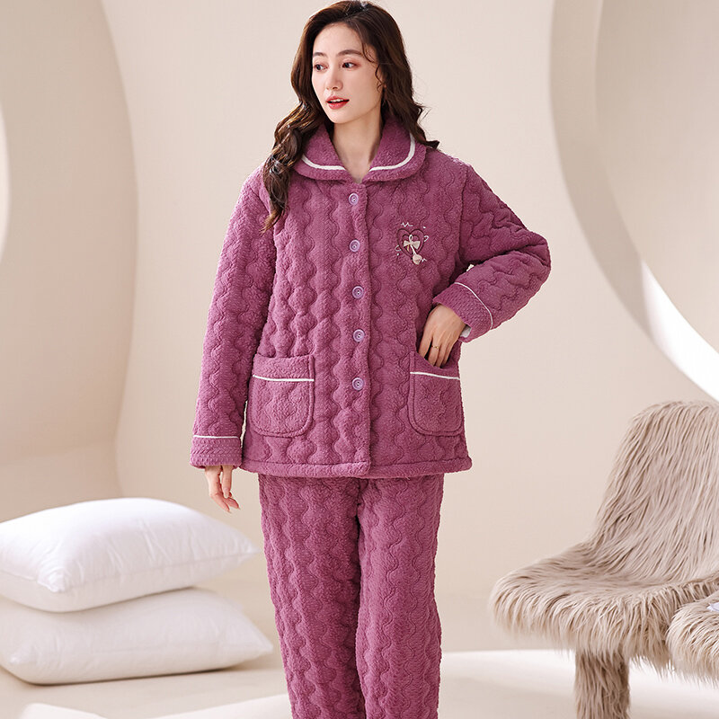 Big Size M-3XL Winter Three-layer Clip Cotton Pajamas Set Women Warm Home Clothing
