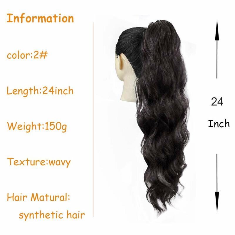 Ekstensi rambut poni sintetis gelombang panjang 24 inci, hiasan rambut ikal tali serut tahan panas untuk wanita warna hitam