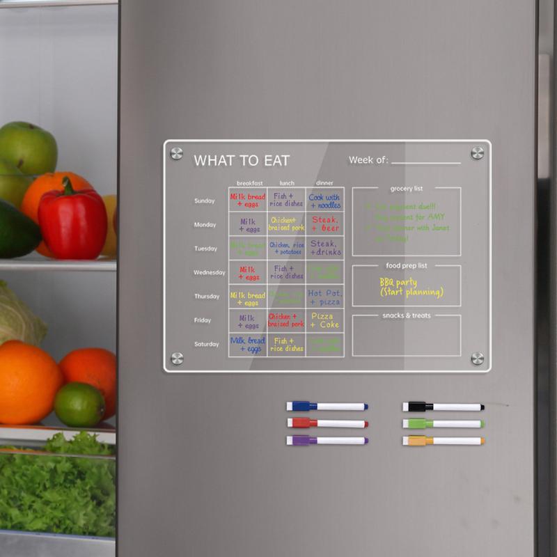 Календарь для еды на холодильник, прозрачный акриловый Еженедельный планировщик еды, 6 ручек, стираемый блокнот на холодильник с магнитными пластинами для продуктов
