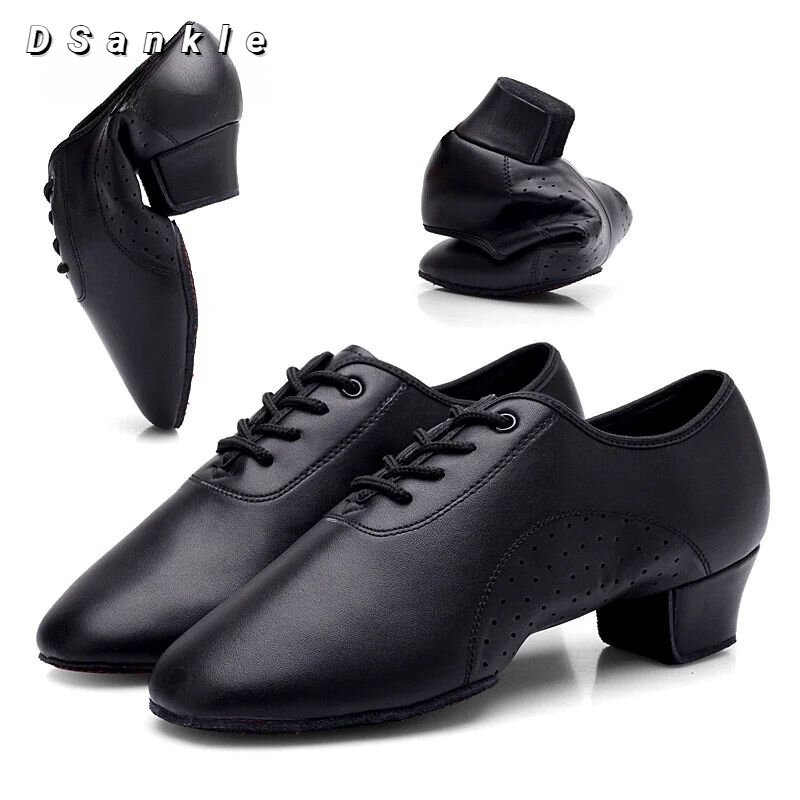 Sepatu dansa anak laki-laki, bahan kulit Modern Jazz dansa hitam hak rendah persegi 3.5cm untuk latihan dansa Latin