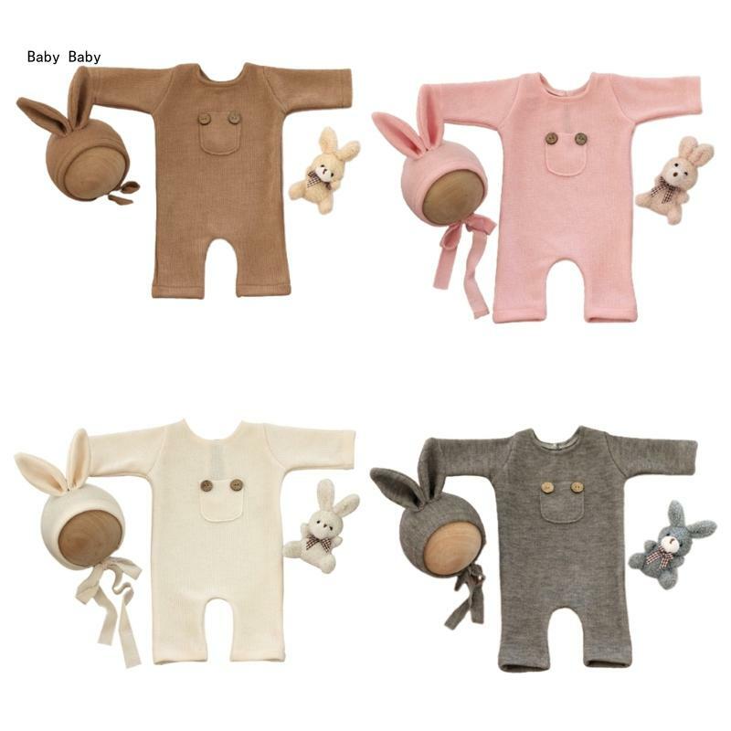 Pakaian Properti Fotografi Foto Serat Bayi 3 Buah Properti Foto Bayi Baru Lahir Topi Baju Monyet Set Boneka Kostum Aksesori Bayi
