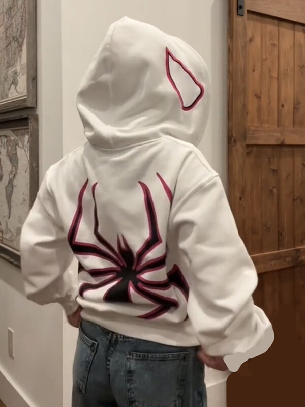Y2k hoodie motif laba-laba Pria Wanita, jaket Hip Hop ritsleting lengan panjang, baju hangat bertudung longgar kasual Harajuku Musim Dingin dan Gugur