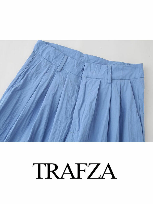 TRAFZA 2024 Spring Trousers For Women Fashion New Hidden Buckle Loose Straight Long Pants Female Chic Women's Wide Leg Pant