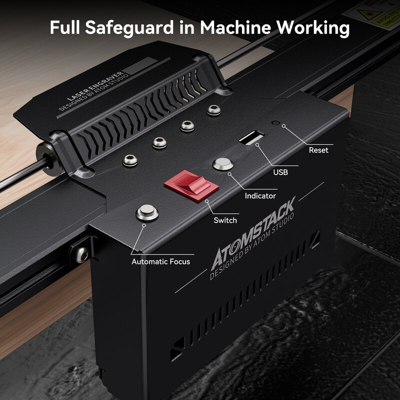 Máquina de gravação a laser AtomStack A70 Pro, Comutação com assistência a ar, Aço inoxidável, Madeira, Acrílico, MDF, 500x400mm, 35W, 70W