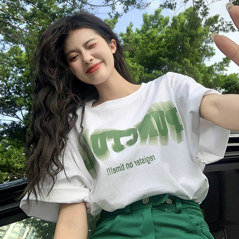 Damska letnia koreańska, z nadrukiem biała luźna koszulka imprezowa koszula z okrągłym dekoltem z krótkim rękawem damska odzież Trend list cienki Top Tee wakacje