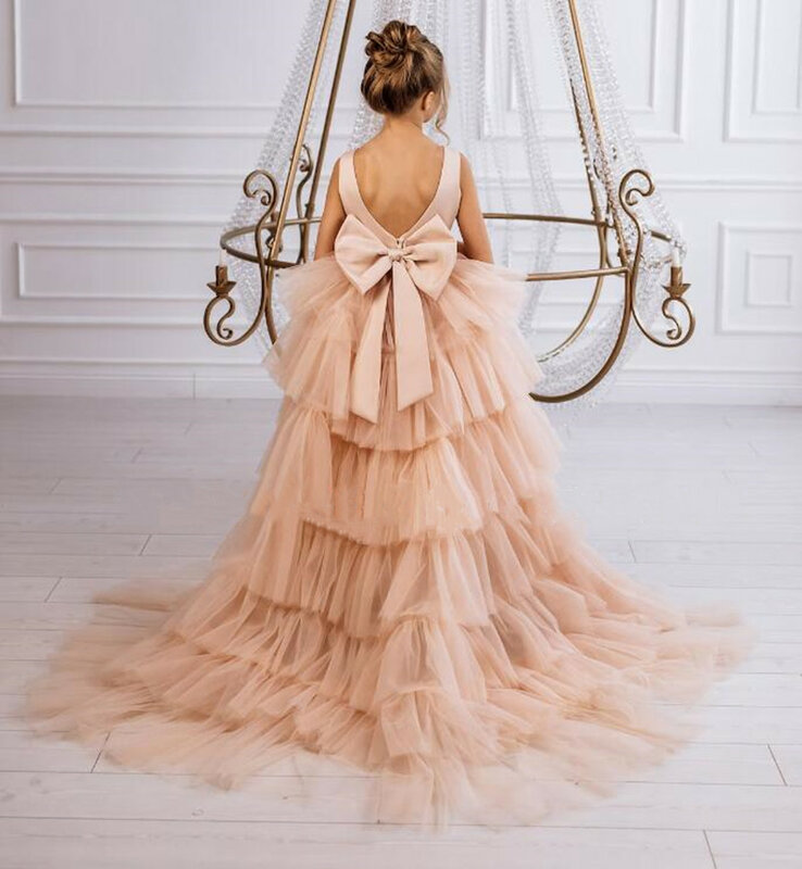 Champagne Flower Girl Dress Layered Tulle Puffy For Wedding Sleeveless Floor Length Birthday Party First Communion Ball Gowns