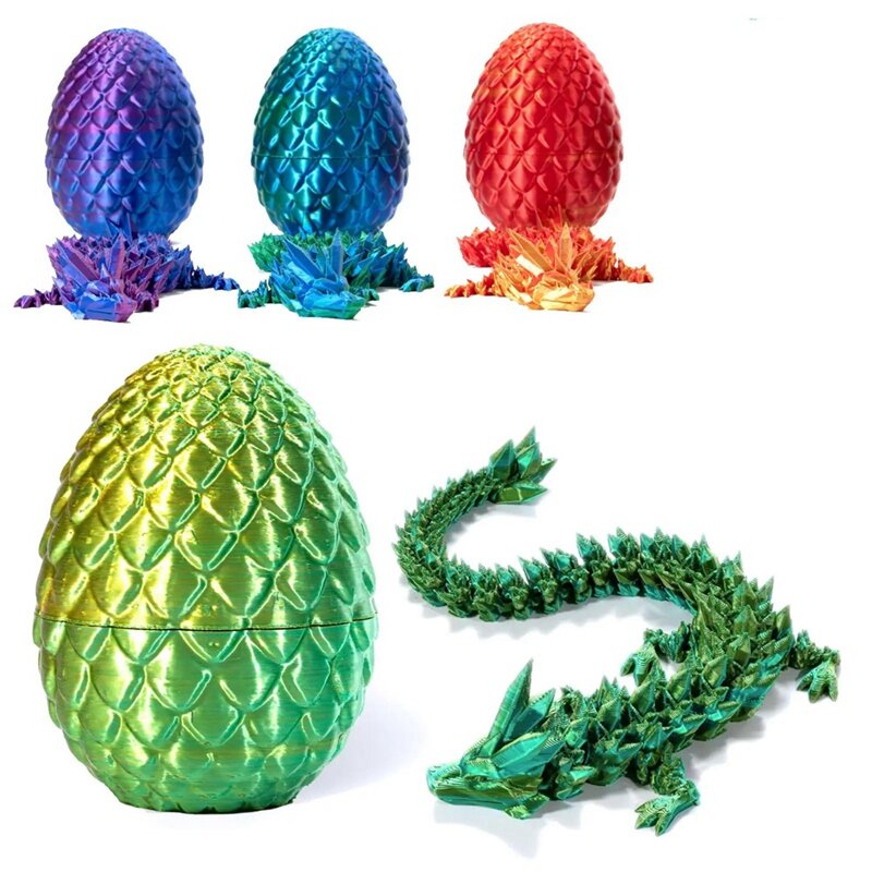 Dragon imprimé en 3D avec oeuf, cristal, comme montré, posable, flexible, articulé, PLA, 4 pièces