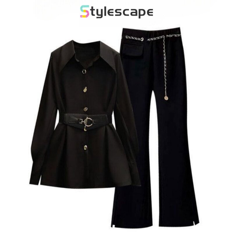 Conjunto de emagrecimento extragrande para mulheres, calça versátil micro flare, conjunto de duas peças com camisa elegante de cintura, início do outono, nova