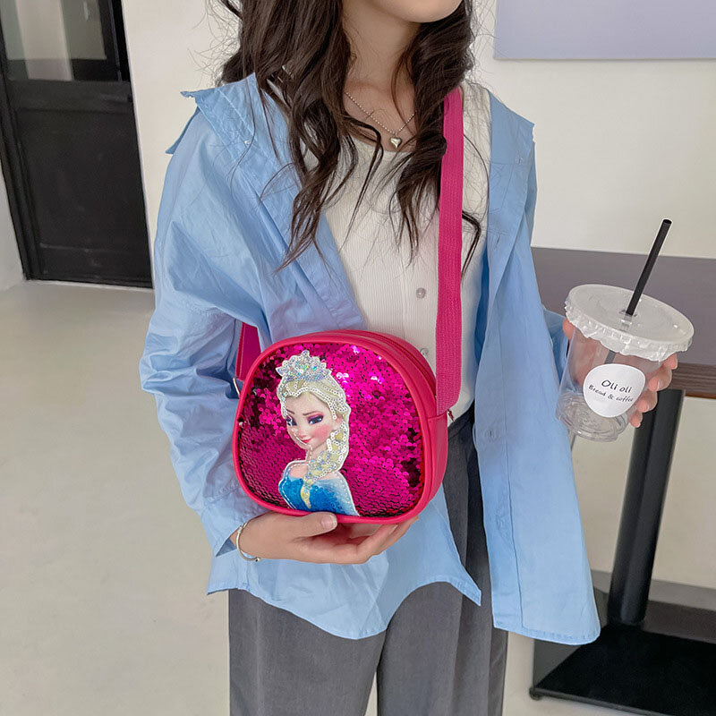 Disney-bolso cruzado de piel sintética con lentejuelas para niñas, bandolera multifuncional de princesa Elsa, regalo de cumpleaños